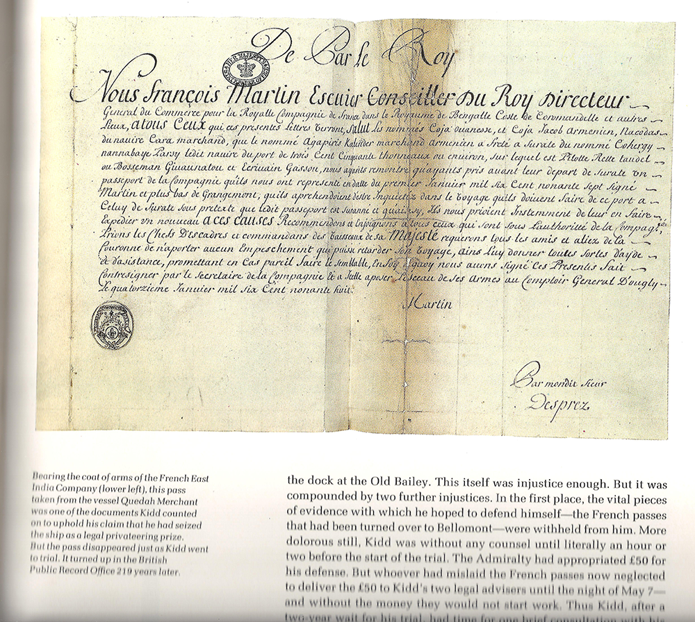 A pass taken from the Quedagh Merchant which Kidd hoped would help spare him form the gallows